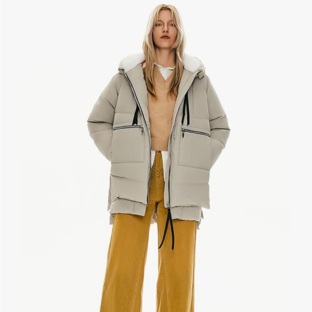 Orolay Beige Duck Down Puffer Jacket Hooded Fleece Lined Side Zip Coat | S | NWT - Picture 5 of 9
